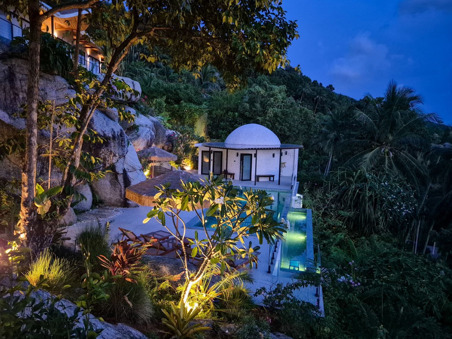The dome and the pool lit at night, seen from above through the surrounding planting